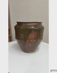 Rustic Brown Pottery Planter Jar with Pattern and Drip Glaze
