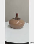 Round Blush Ceramic Vase with Brown Neck and Crackle Glaze