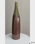 Tall Brown & Olive Glazed Ceramic Vase with Slender Neck