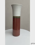 White and Copper Fluted Ceramic Vase with Olive Glaze Band