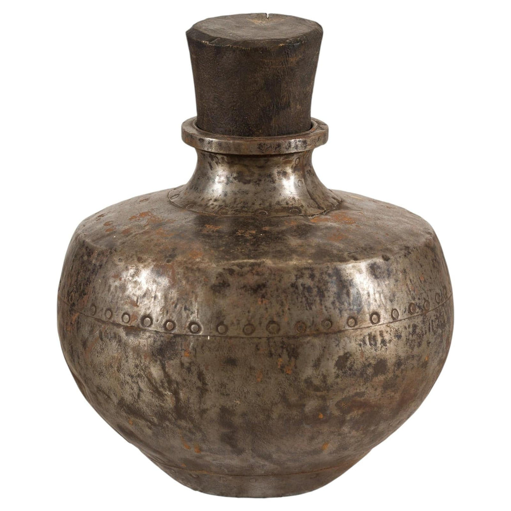 Vintage Indian Hammered Metal Water Vessel with Wooden Stopper rotating view