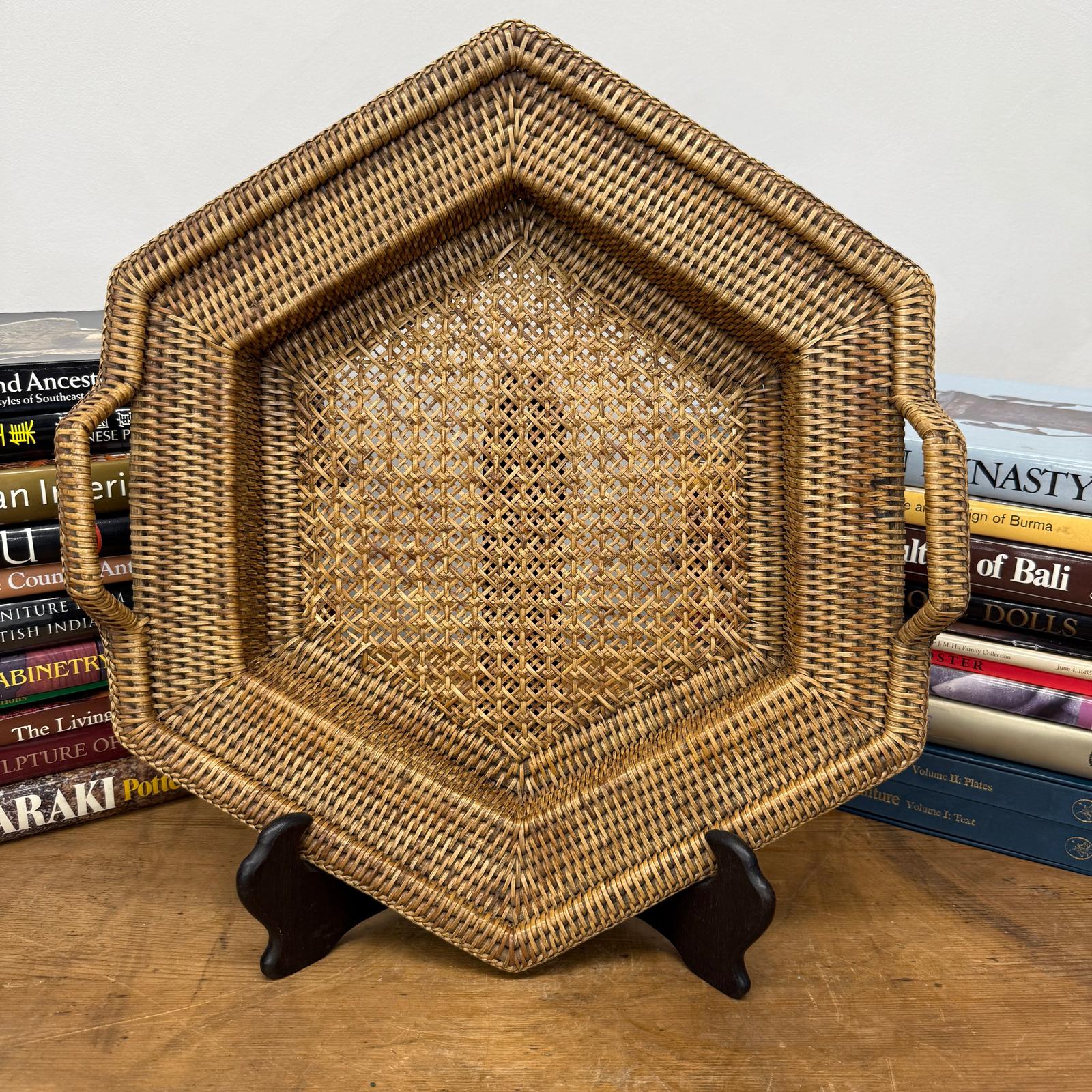 Rattan and Bamboo Woven Hexagonal Tray with Side Handles