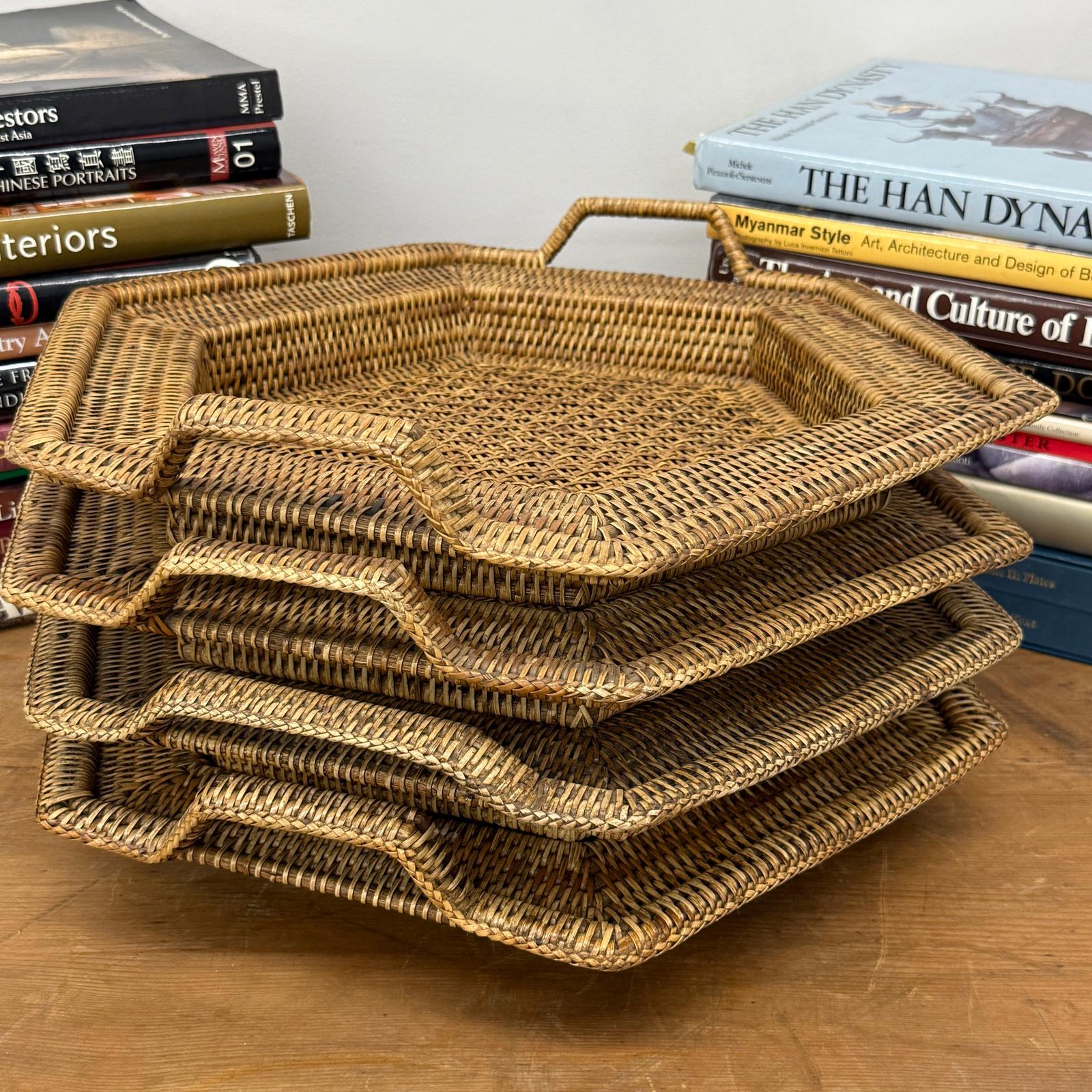 Rattan and Bamboo Woven Hexagonal Tray with Side Handles