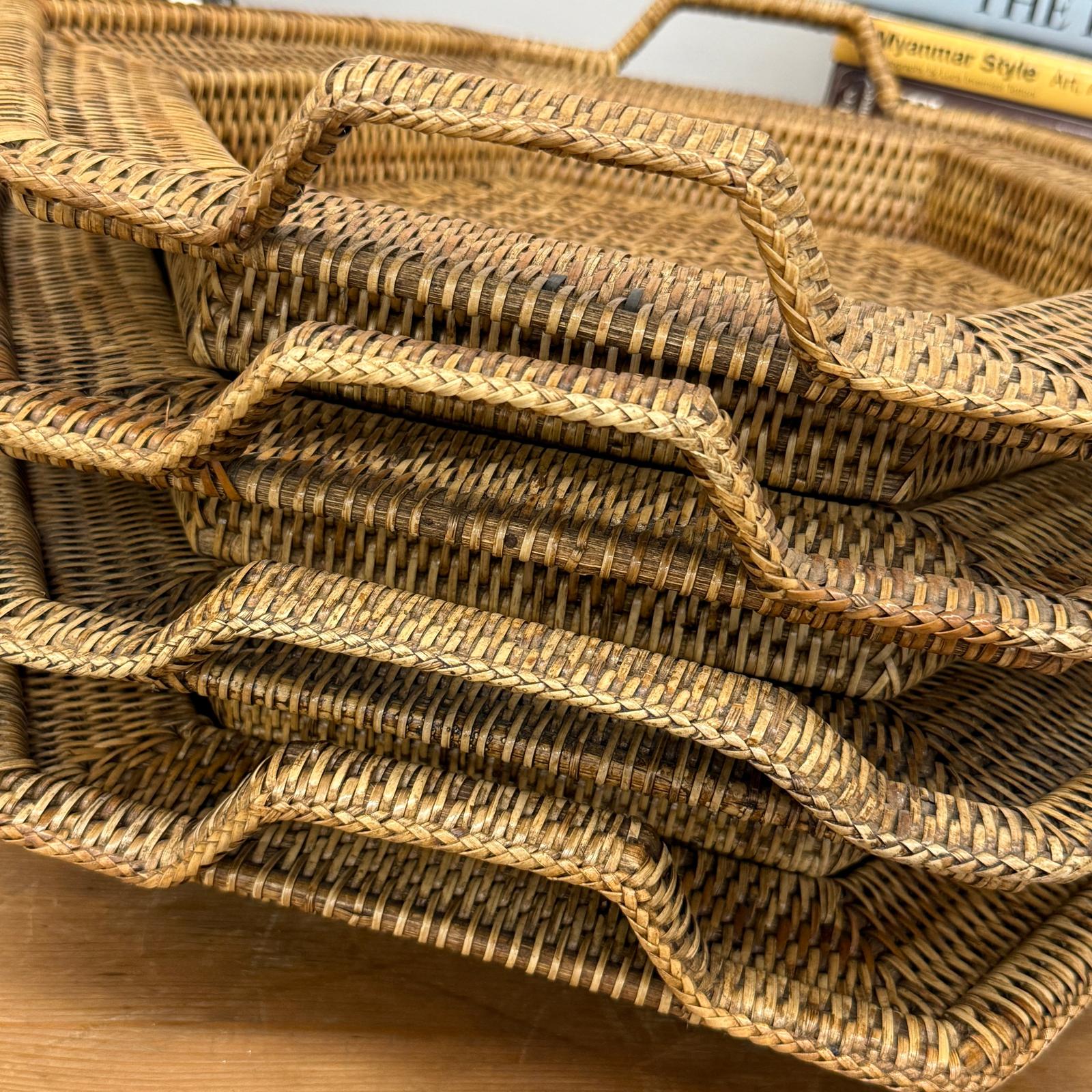 Rattan and Bamboo Woven Hexagonal Tray with Side Handles