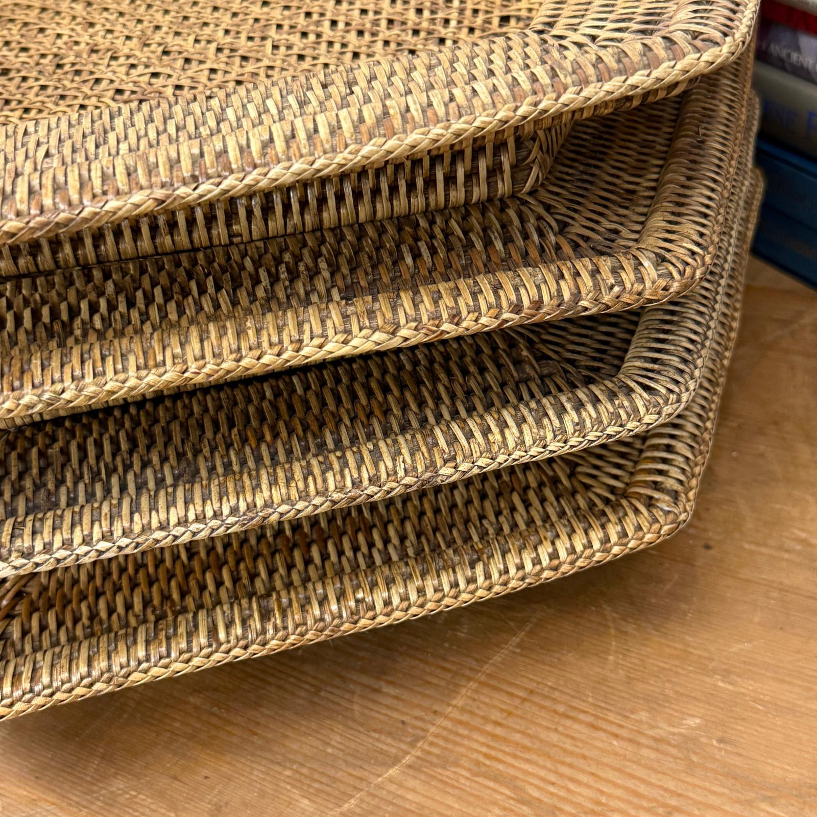 Rattan and Bamboo Woven Hexagonal Tray with Side Handles