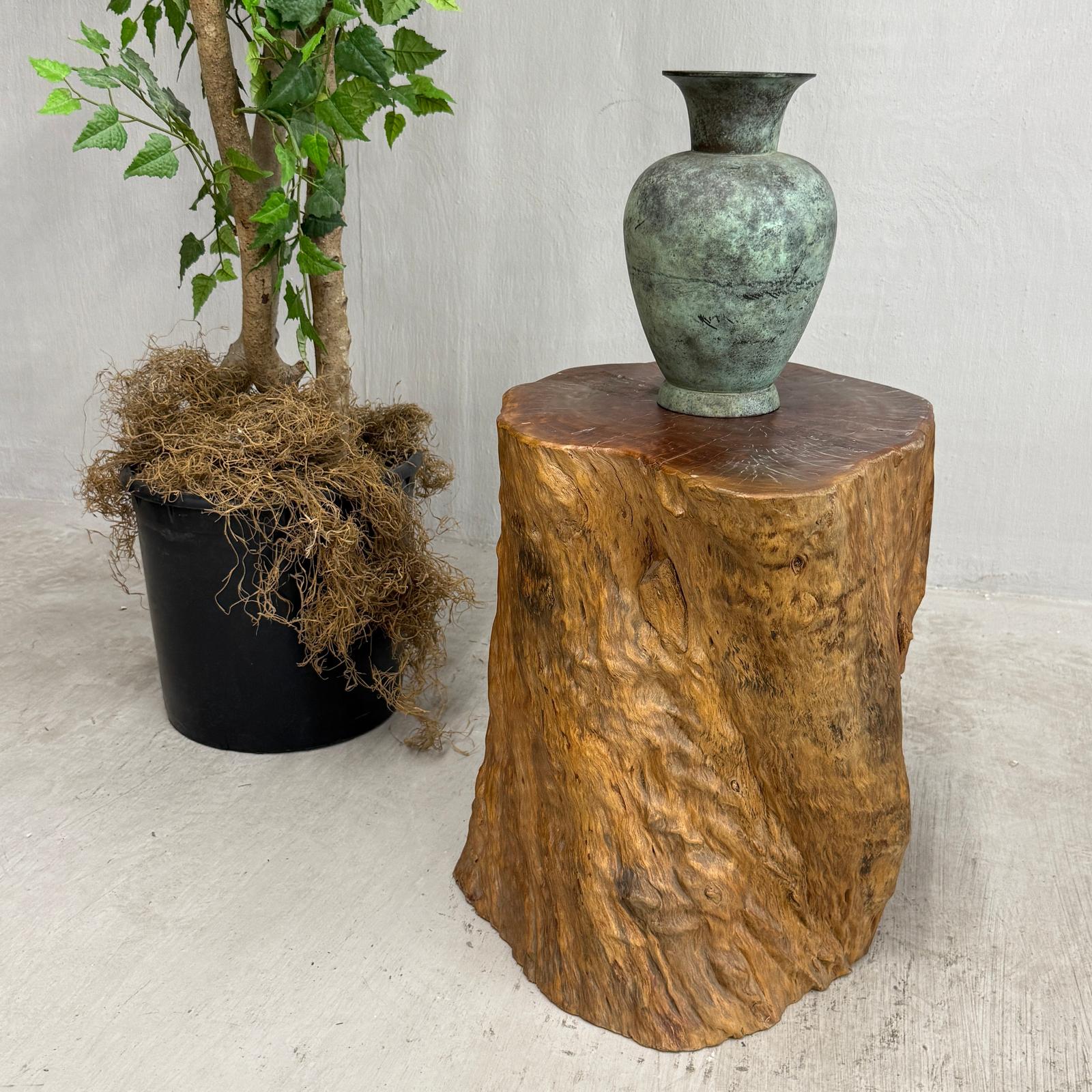 Reclaimed Tree Trunk Side Pedestal Table with Red Brown Top - FEA Home