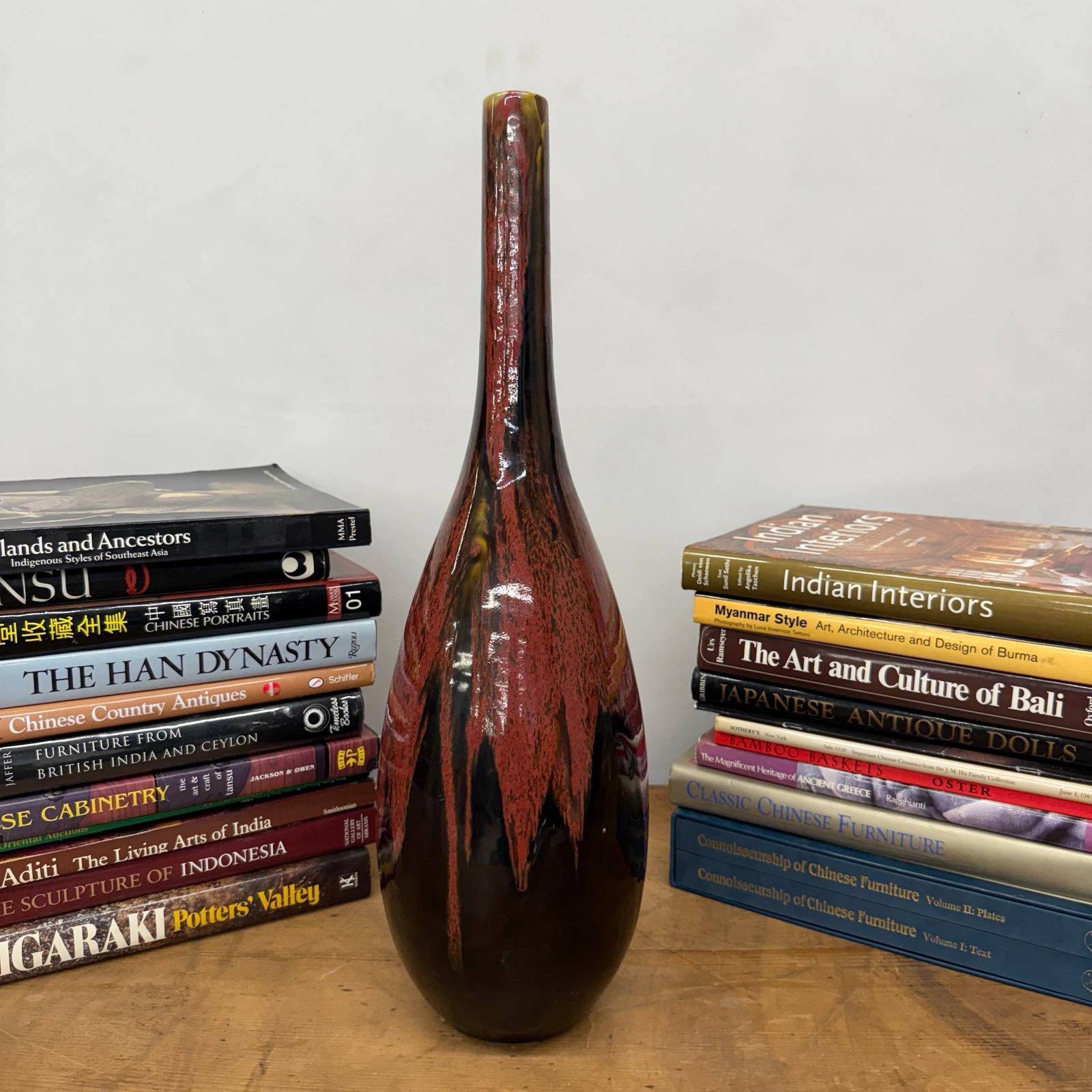 Red and Black Glazed Ceramic Vase with Skinny Neck - FEA Home