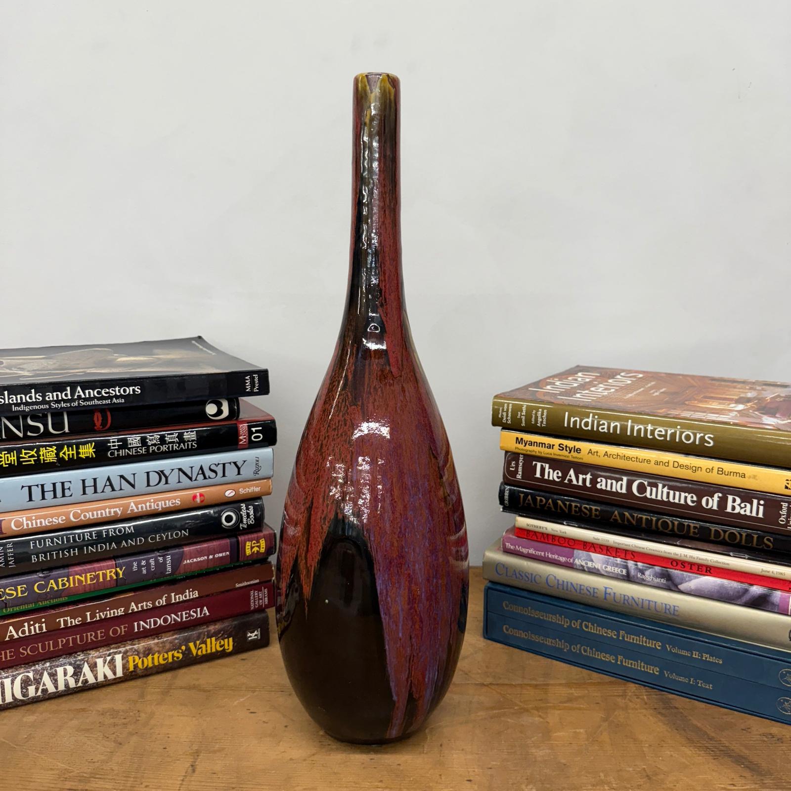 Red and Black Glazed Ceramic Vase with Skinny Neck - FEA Home