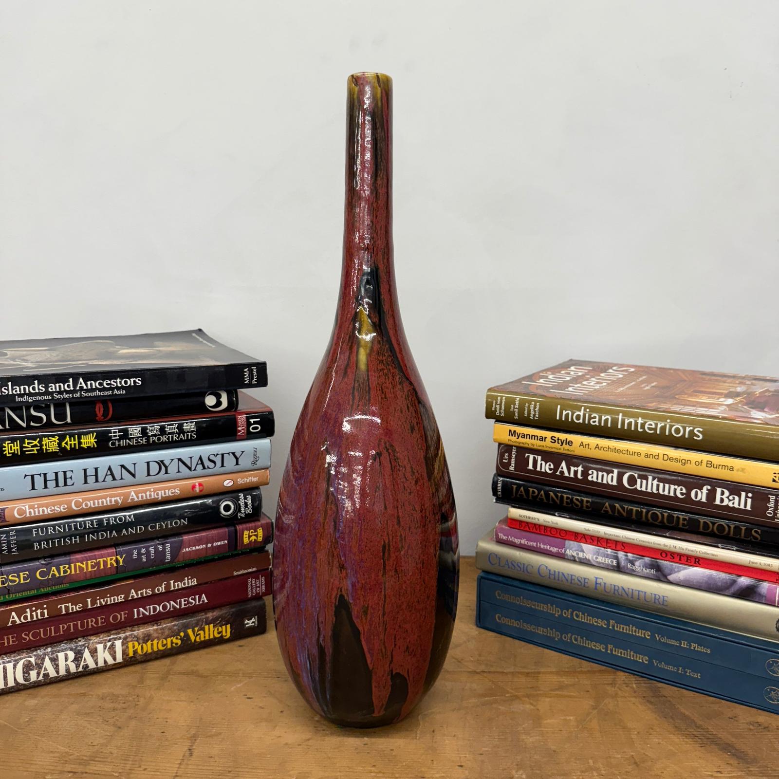 Red and Black Glazed Ceramic Vase with Skinny Neck - FEA Home