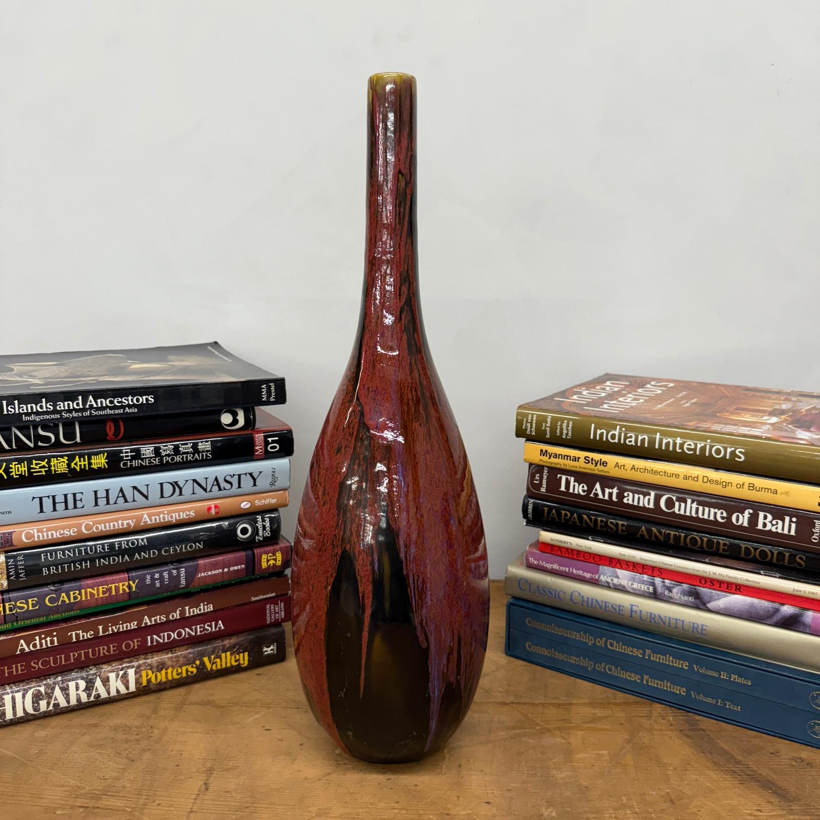 Red and Black Glazed Ceramic Vase with Skinny Neck - FEA Home