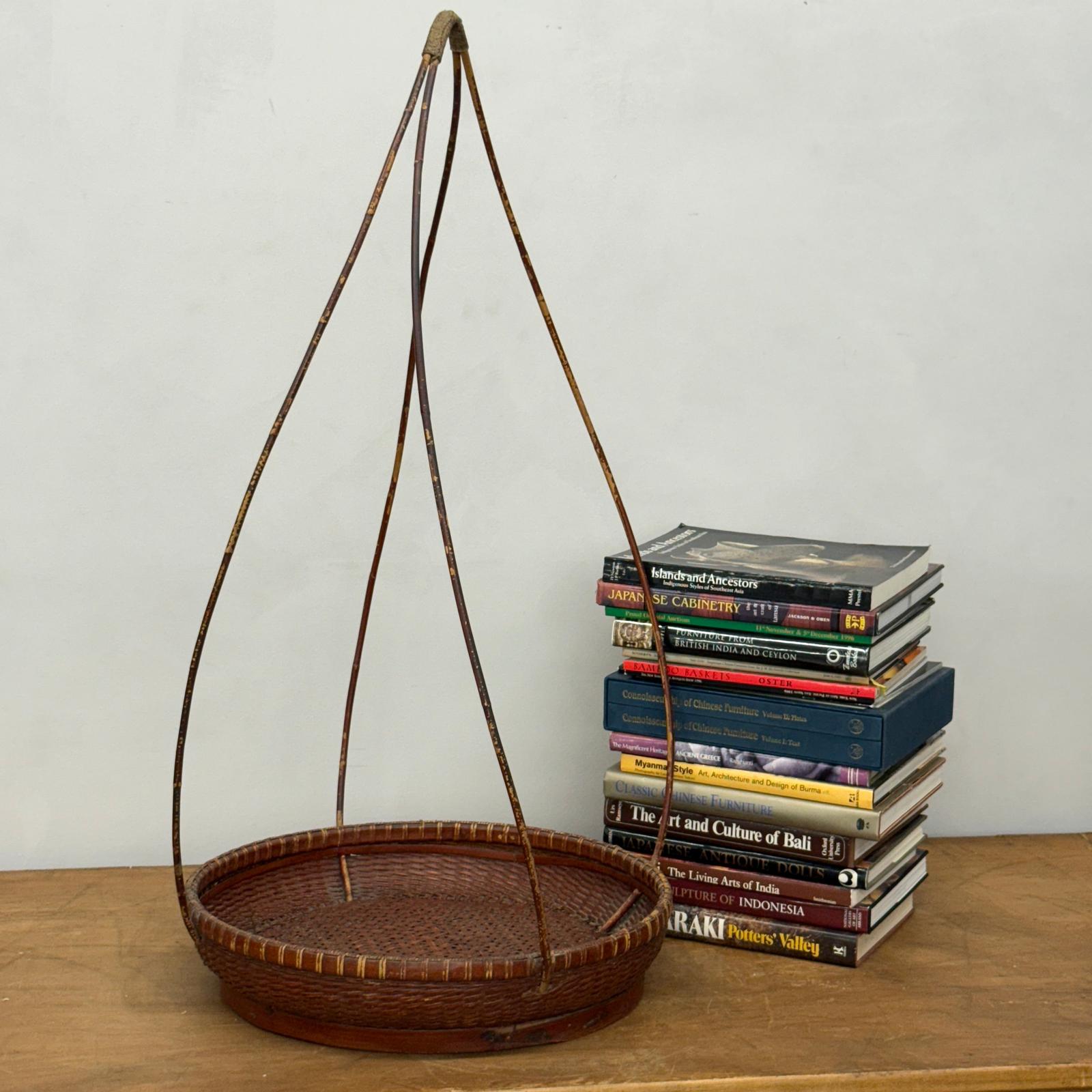 Red Brown Woven Bamboo Tray Basket with Tall Handle - FEA Home