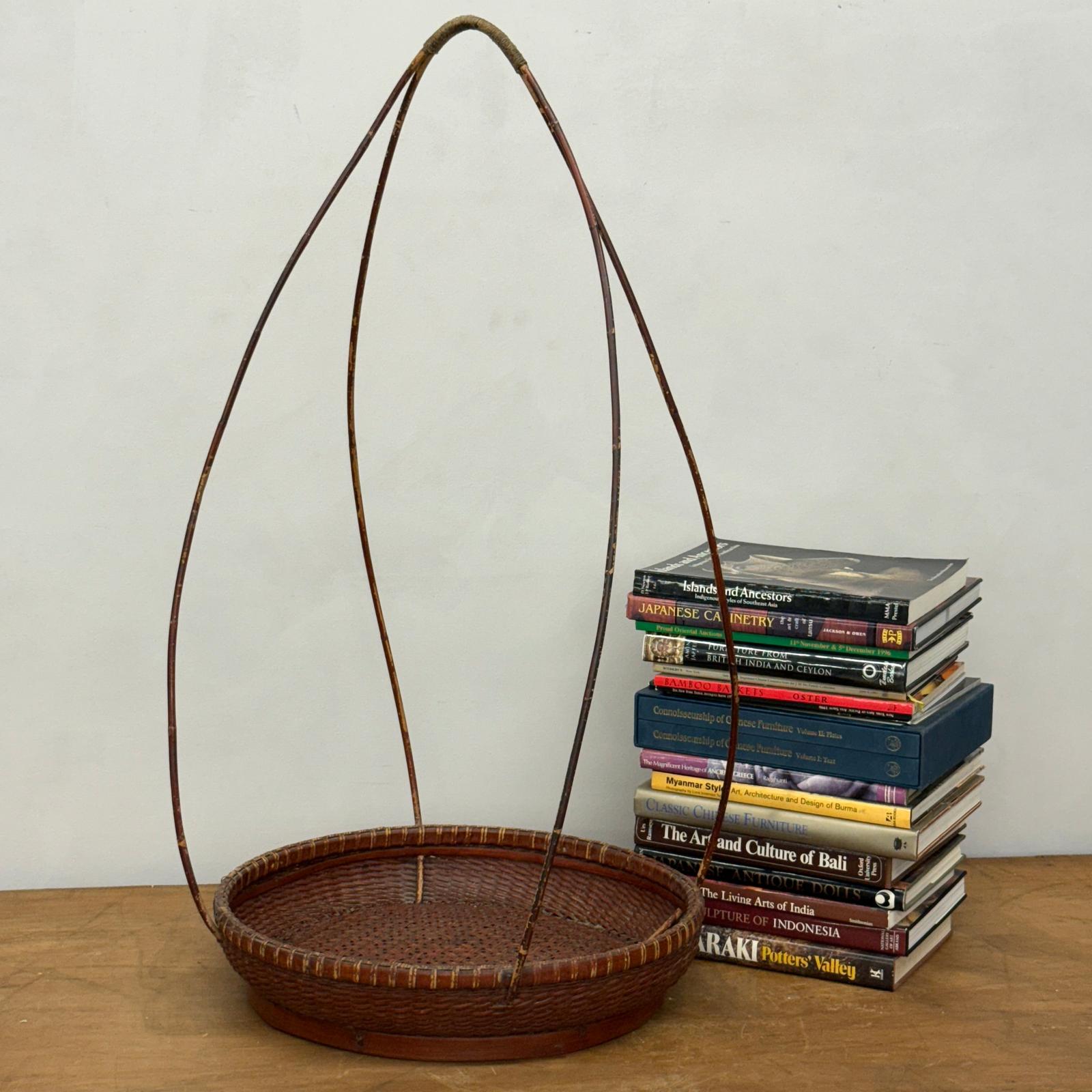 Red Brown Woven Bamboo Tray Basket with Tall Handle - FEA Home