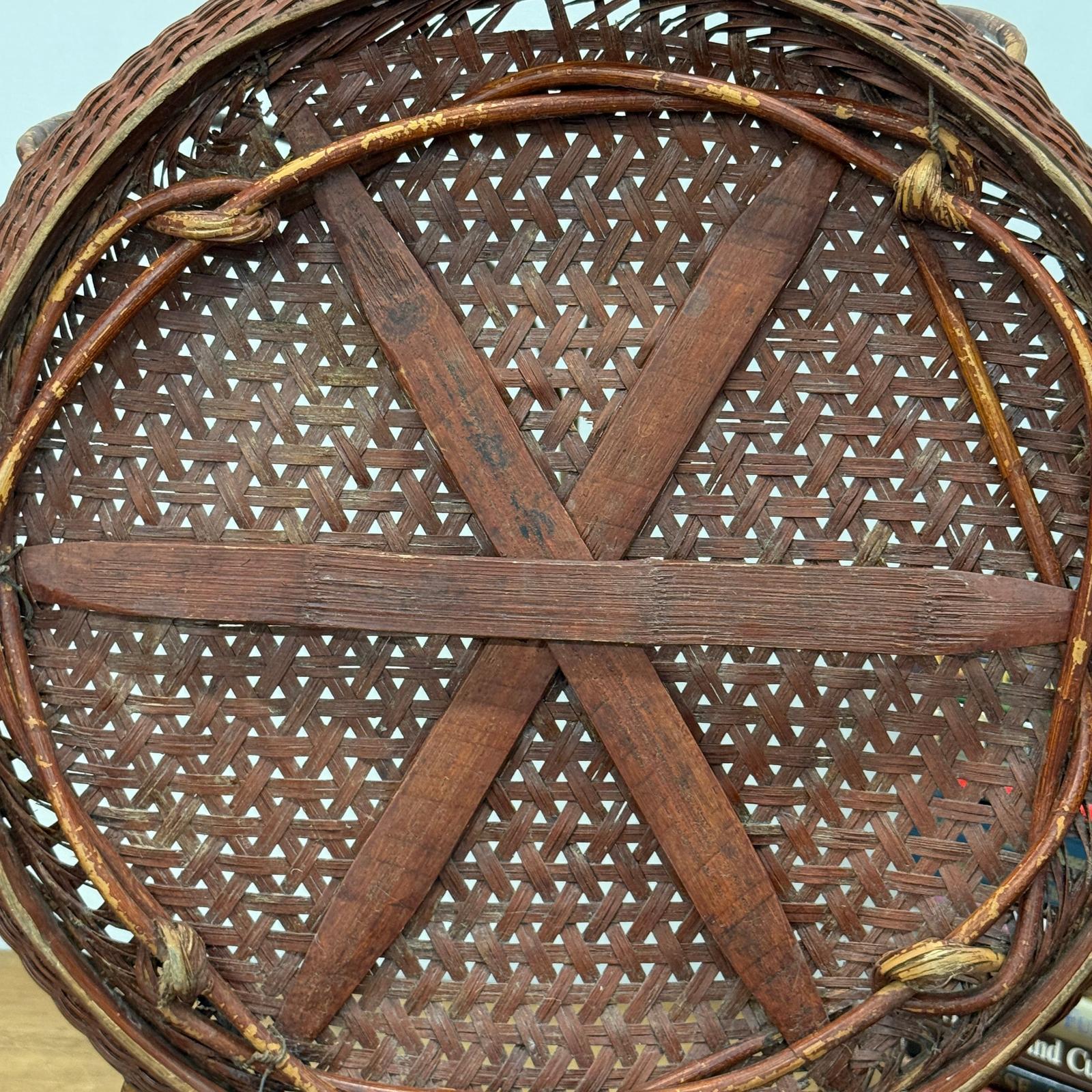 Red Brown Woven Bamboo Tray Basket with Tall Handle - FEA Home