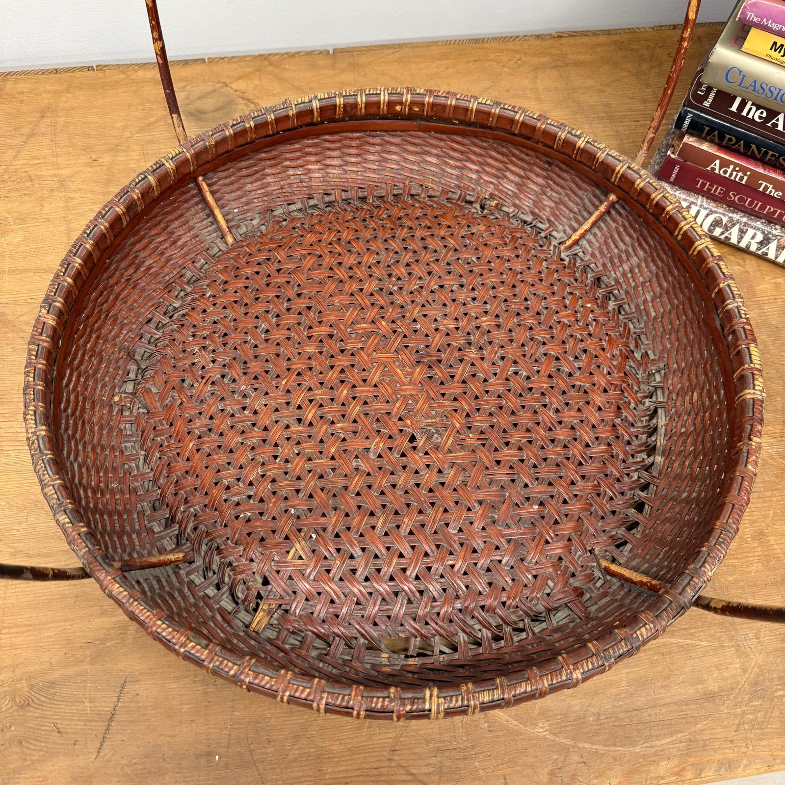 Red Brown Woven Bamboo Tray Basket with Tall Handle - FEA Home