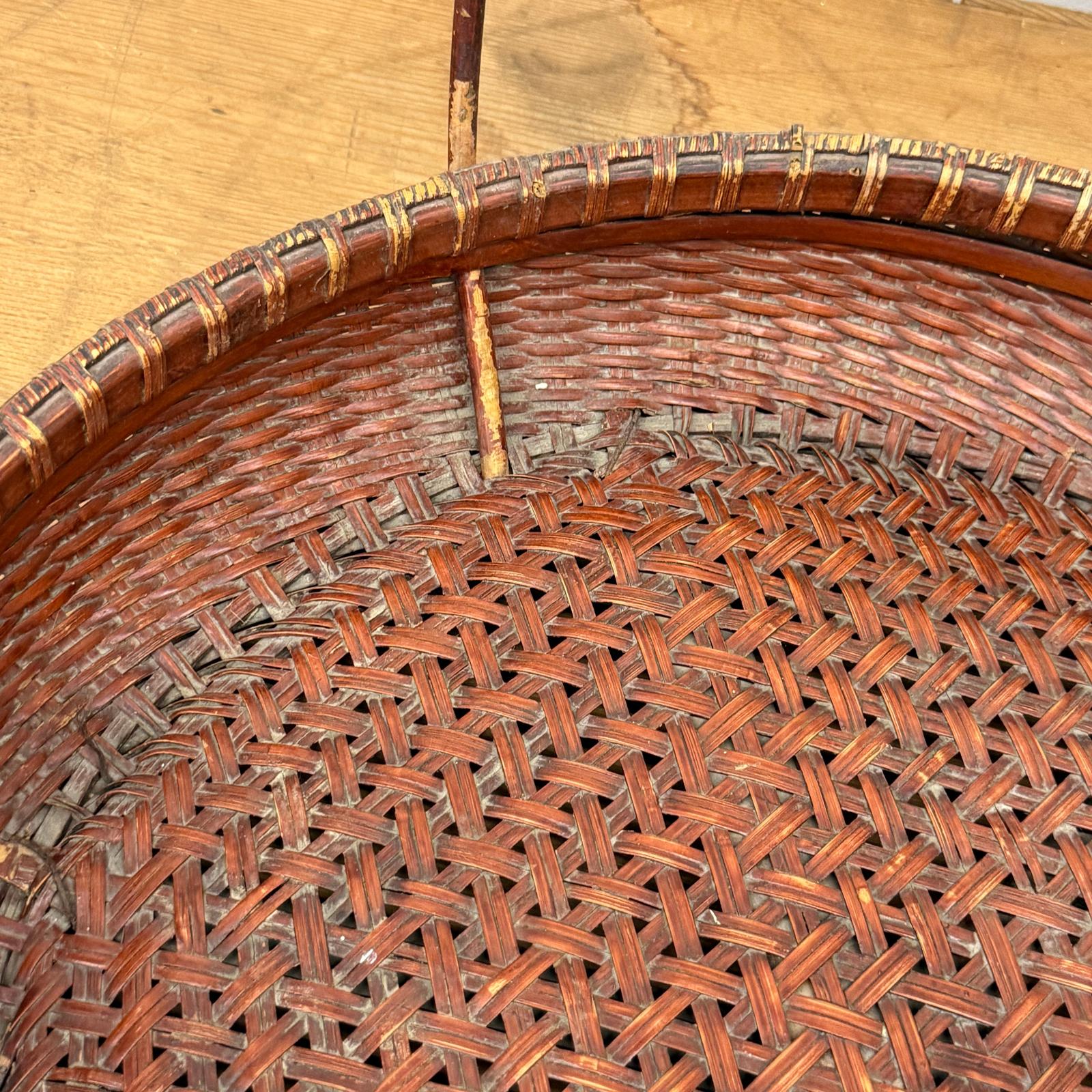 Red Brown Woven Bamboo Tray Basket with Tall Handle - FEA Home