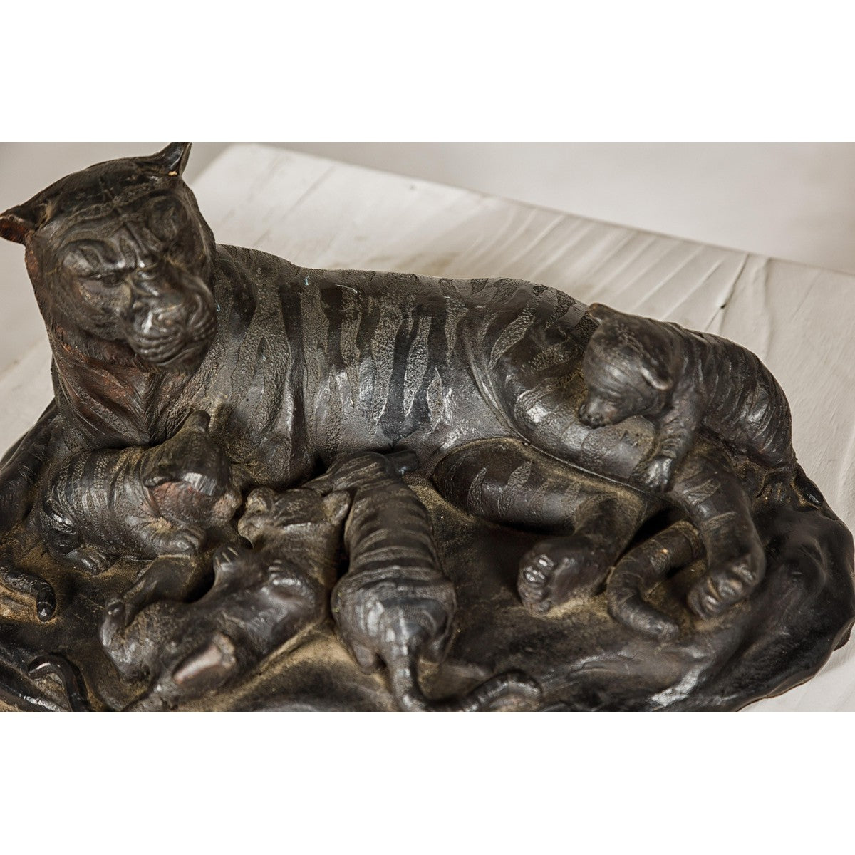 Family of Tigers Lost Wax Bronze Table Top Statuette with Dark Patina-7. Asian &amp; Chinese Furniture, Art, Antiques, Vintage Home Décor for sale at FEA Home