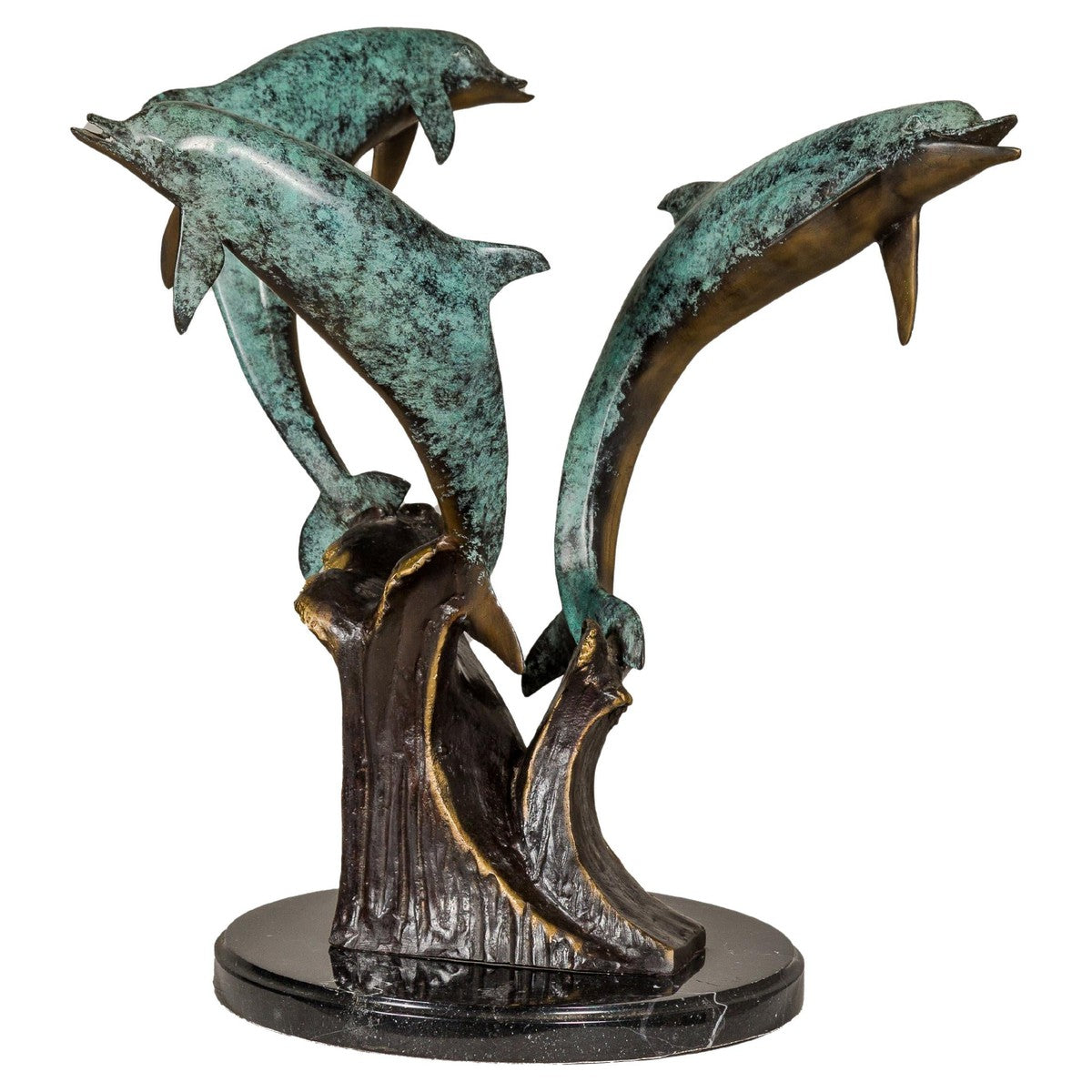Bronze Triple Dolphin Table Base Sculpture with Verdigri Patina and Marble Stand-1. Asian & Chinese Furniture, Art, Antiques, Vintage Home Décor for sale at FEA Home