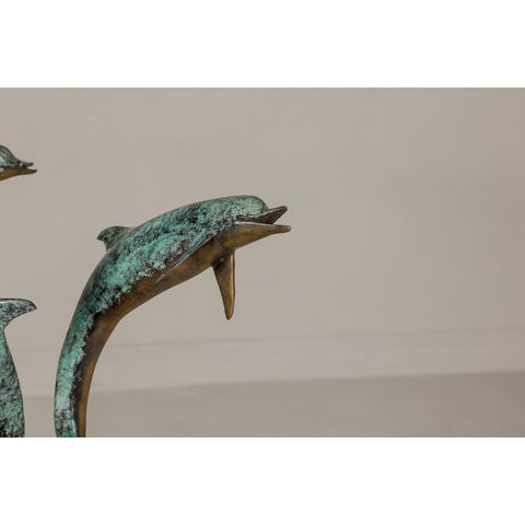 Bronze Triple Dolphin Table Base Sculpture with Verdigri Patina and Marble Stand