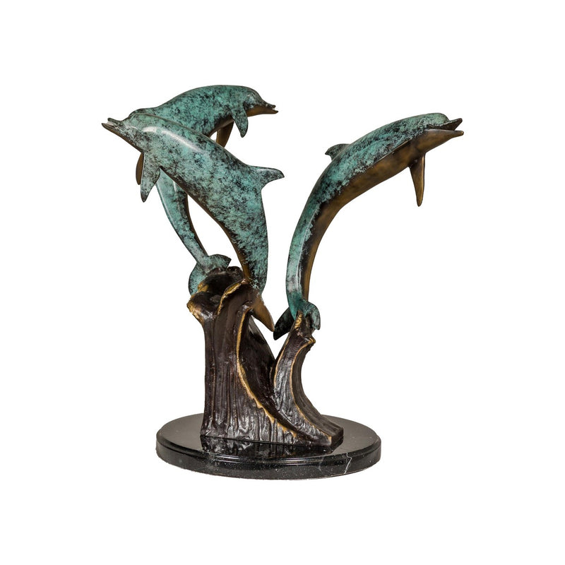 Bronze Triple Dolphin Table Base Sculpture with Verdigri Patina and Marble Stand-RG1095-14. Asian & Chinese Furniture, Art, Antiques, Vintage Home Décor for sale at FEA Home