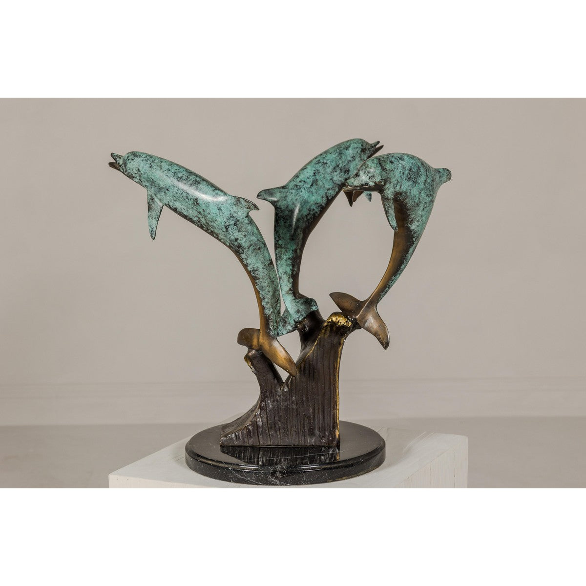 Bronze Triple Dolphin Table Base Sculpture with Verdigri Patina and Marble Stand-2. Asian & Chinese Furniture, Art, Antiques, Vintage Home Décor for sale at FEA Home