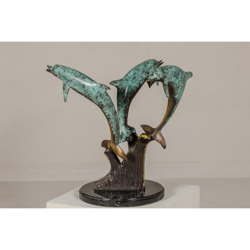 Bronze Triple Dolphin Table Base Sculpture with Verdigri Patina and Marble Stand-RG1095-2. Asian & Chinese Furniture, Art, Antiques, Vintage Home Décor for sale at FEA Home