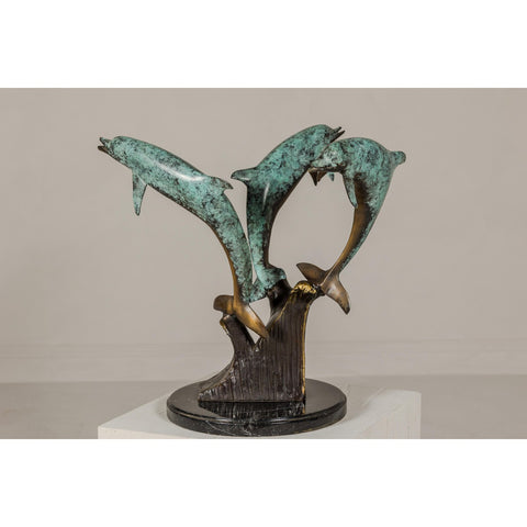Bronze Triple Dolphin Table Base Sculpture with Verdigri Patina and Marble Stand