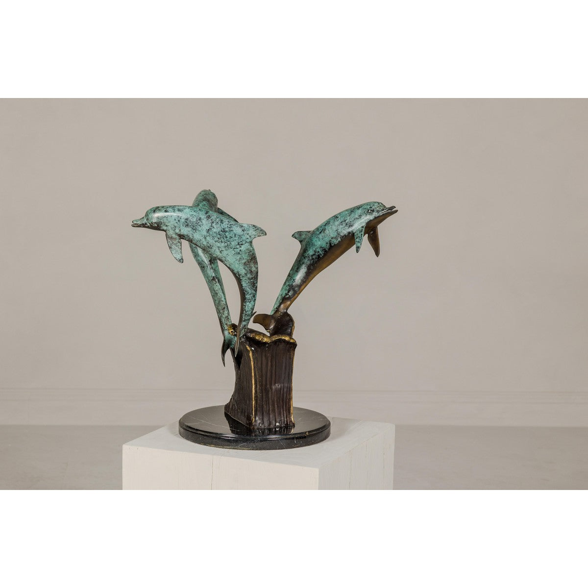 Bronze Triple Dolphin Table Base Sculpture with Verdigri Patina and Marble Stand-7. Asian &amp; Chinese Furniture, Art, Antiques, Vintage Home Décor for sale at FEA Home