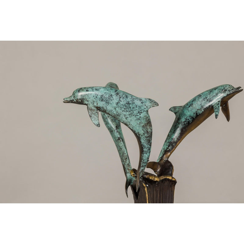 Bronze Triple Dolphin Table Base Sculpture with Verdigri Patina and Marble Stand-RG1095-8. Asian & Chinese Furniture, Art, Antiques, Vintage Home Décor for sale at FEA Home