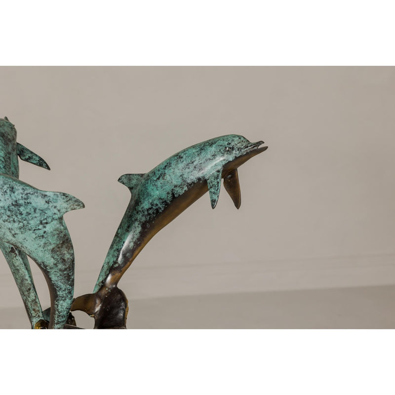 Bronze Triple Dolphin Table Base Sculpture with Verdigri Patina and Marble Stand-RG1095-9. Asian & Chinese Furniture, Art, Antiques, Vintage Home Décor for sale at FEA Home