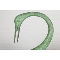 Pair of Mint Green Bronze Crane Fountain Statues