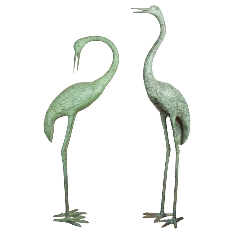 Pair of Mint Green Bronze Crane Fountain Statues-RG1166-1. Asian & Chinese Furniture, Art, Antiques, Vintage Home Décor for sale at FEA Home