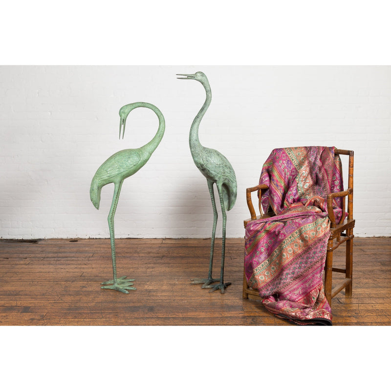Pair of Mint Green Bronze Crane Fountain Statues-RG1166-2. Asian & Chinese Furniture, Art, Antiques, Vintage Home Décor for sale at FEA Home