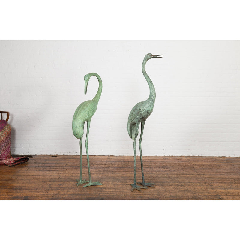 Pair of Mint Green Bronze Crane Fountain Statues-RG1166-3. Asian & Chinese Furniture, Art, Antiques, Vintage Home Décor for sale at FEA Home