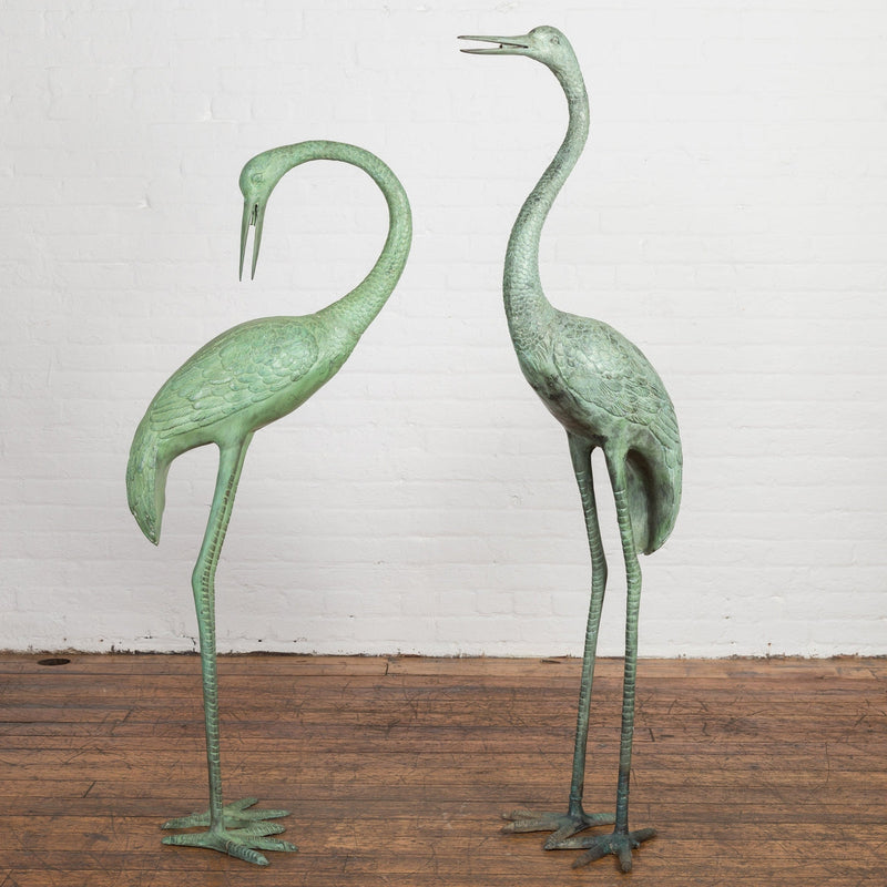 Pair of Mint Green Bronze Crane Fountain Statues-RG1166-6. Asian & Chinese Furniture, Art, Antiques, Vintage Home Décor for sale at FEA Home