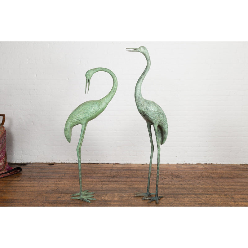 Pair of Mint Green Bronze Crane Fountain Statues-RG1166-7. Asian & Chinese Furniture, Art, Antiques, Vintage Home Décor for sale at FEA Home