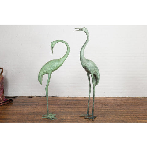 Pair of Mint Green Bronze Crane Fountain Statues-RG1166-7. Asian & Chinese Furniture, Art, Antiques, Vintage Home Décor for sale at FEA Home