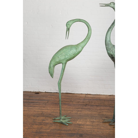 Pair of Mint Green Bronze Crane Fountain Statues-RG1166-8. Asian & Chinese Furniture, Art, Antiques, Vintage Home Décor for sale at FEA Home