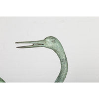 Pair of Mint Green Bronze Crane Fountain Statues