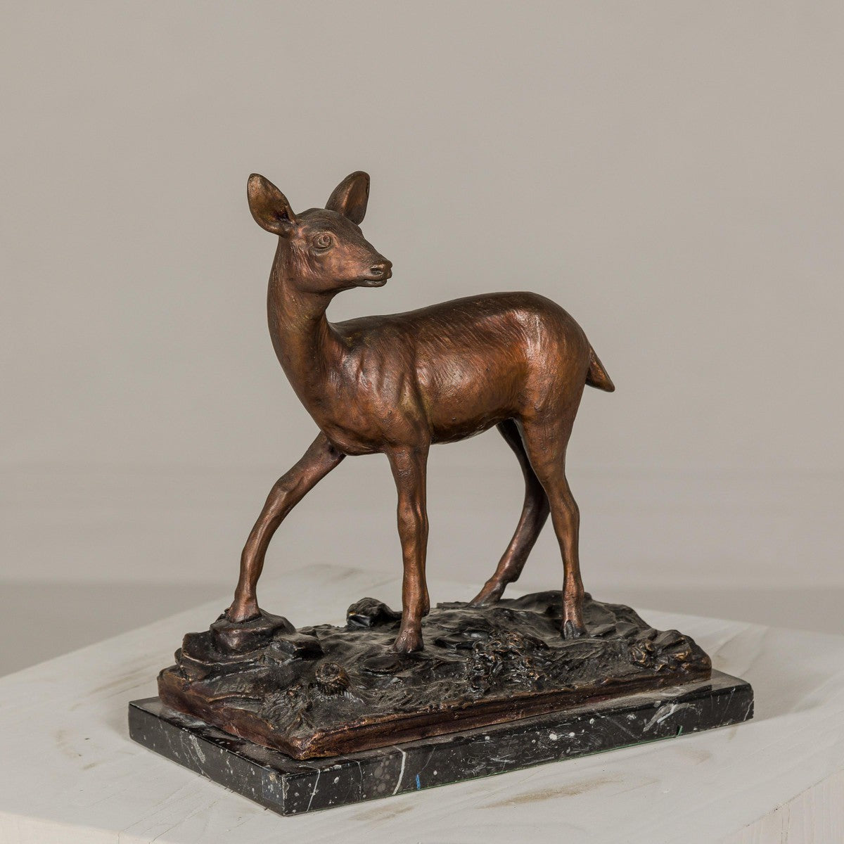 Bronze Deer Sculpture Mounted on Marble and Bronze Textured Base-8. Asian &amp; Chinese Furniture, Art, Antiques, Vintage Home Décor for sale at FEA Home