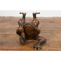 Daydreaming Frog Bronze Sculpture with Golden Patina, Tubed as a Fountain