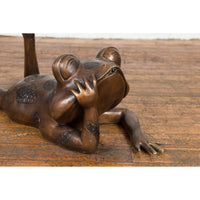 Daydreaming Frog Bronze Sculpture with Golden Patina, Tubed as a Fountain