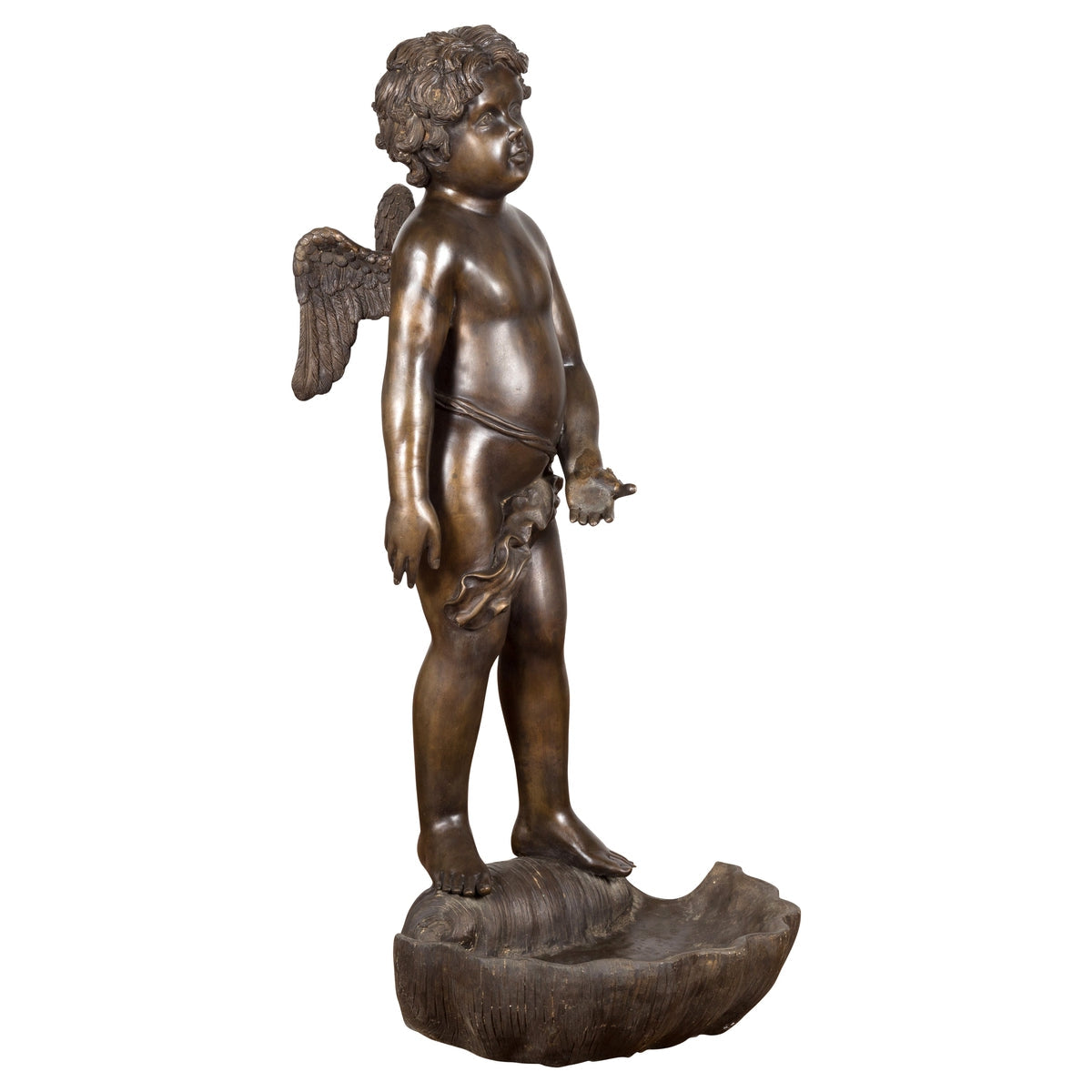 Lost Wax Bronze Statue of a Winged Cherub Standing on a Shell in Dark Patina-1. Asian & Chinese Furniture, Art, Antiques, Vintage Home Décor for sale at FEA Home