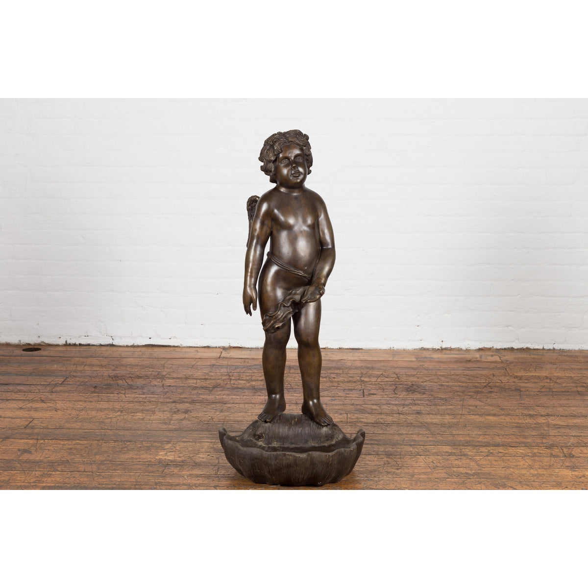 Lost Wax Bronze Statue of a Winged Cherub Standing on a Shell in Dark Patina-2. Asian & Chinese Furniture, Art, Antiques, Vintage Home Décor for sale at FEA Home