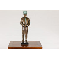 Man Wearing Top Hat Bronze Tabletop Statuette with Gold and Verdigris Patina