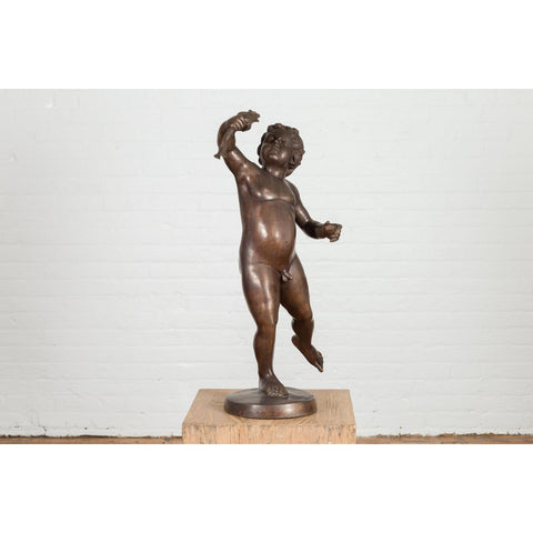 Classical Bronze Tabletop Statue of a Putto Holding a Frog-RG722-8. Asian & Chinese Furniture, Art, Antiques, Vintage Home Décor for sale at FEA Home