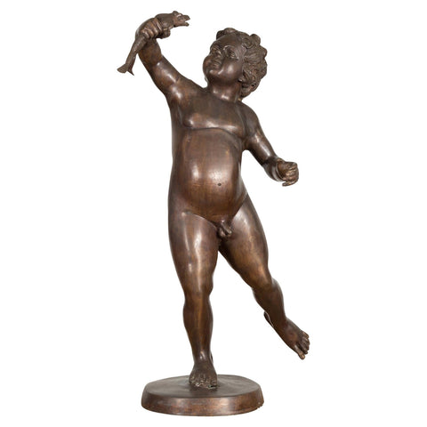 Greco-Roman Style Bronze Tabletop Statue of a Putto Holding a Fish-RG722-1-Unique Furniture-Art-Antiques-Home Décor in NY