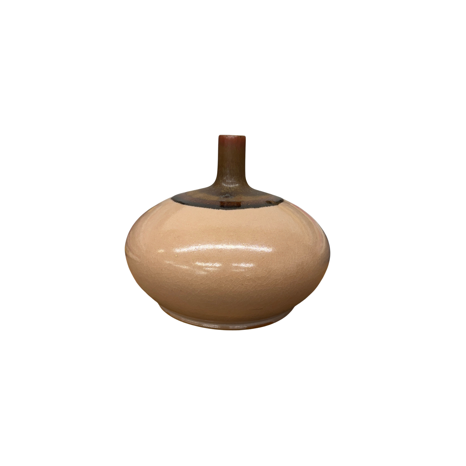 Round Blush Ceramic Vase with Brown Neck and Crackle Glaze, SKU , image 1