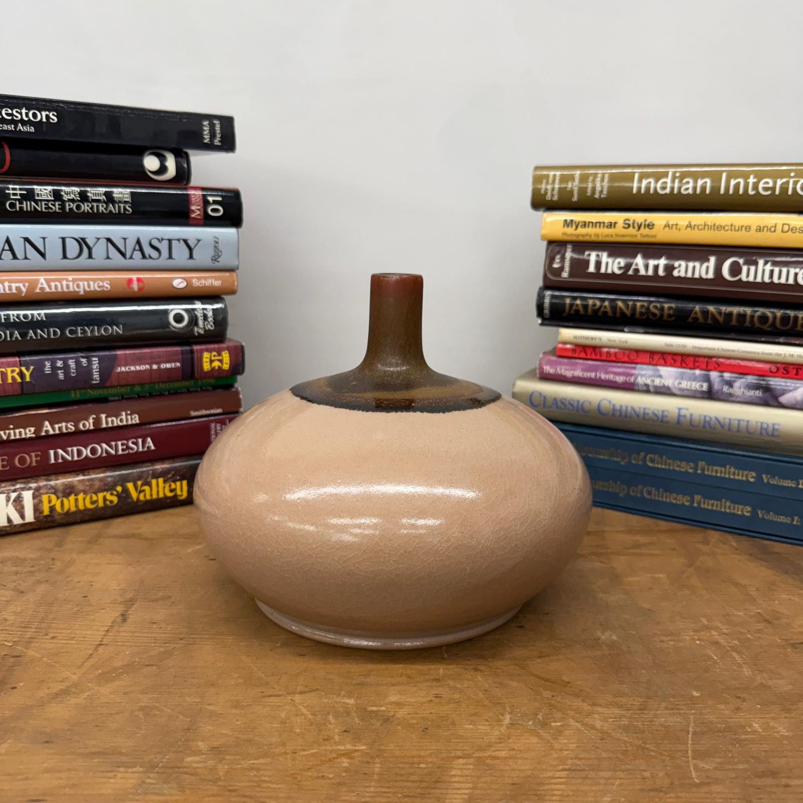 Round Blush Ceramic Vase with Brown Neck and Crackle Glaze, SKU , image 2