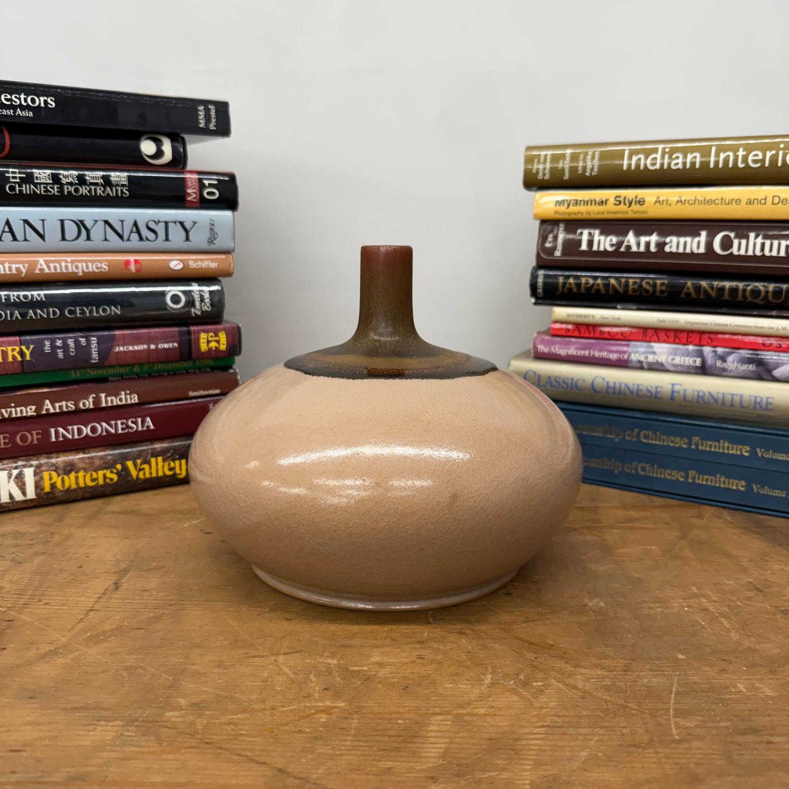Round Blush Ceramic Vase with Brown Neck and Crackle Glaze, SKU , image 3