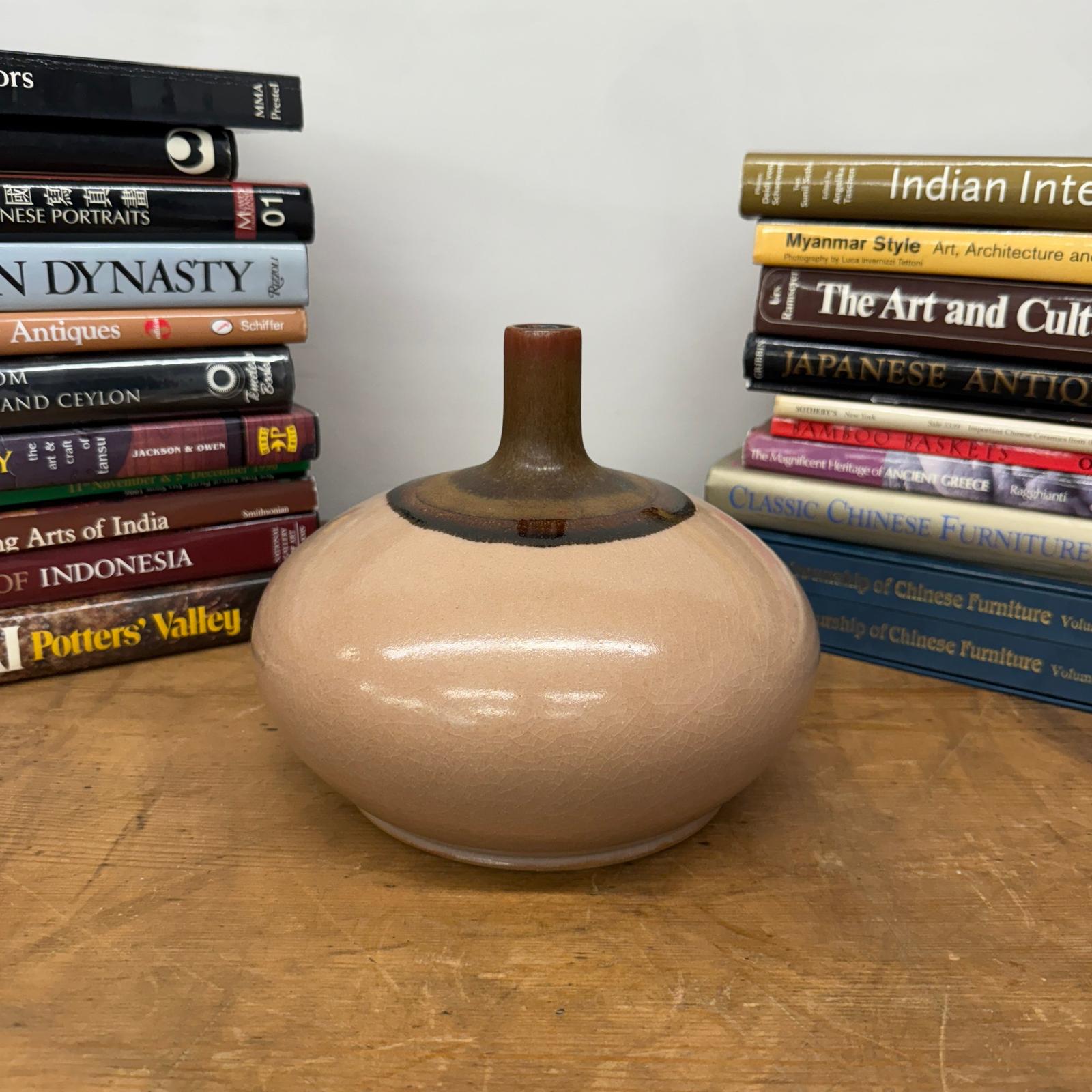 Round Blush Ceramic Vase with Brown Neck and Crackle Glaze, SKU , image 4